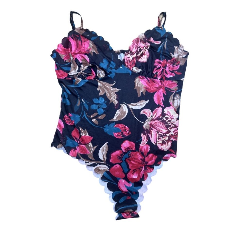 Floral Print Scallop Edge Bodysuit Multicolor Size S